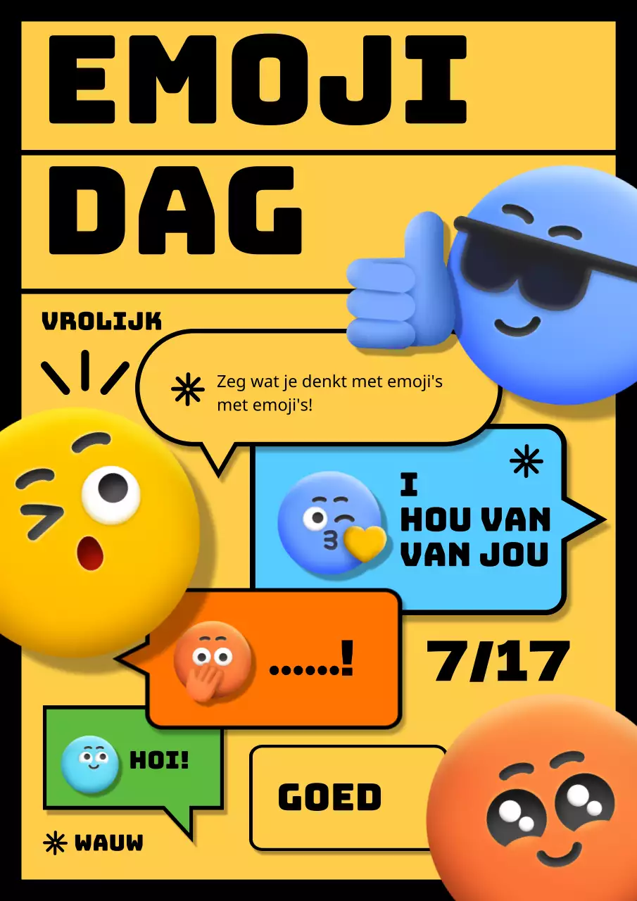 Promoot Wereld Emoji Dag met kleurrijke emoji's op een gele achtergrond