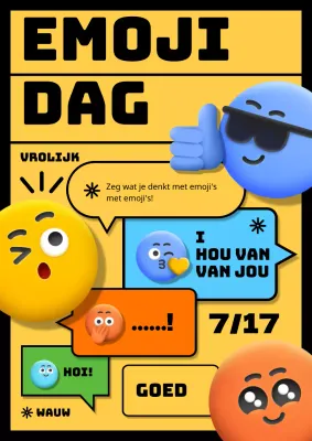 Promoot Wereld Emoji Dag met kleurrijke emoji's op een gele achtergrond