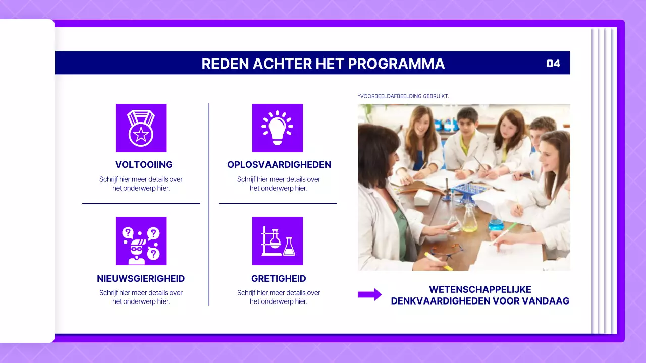 Voorstel voor een wetenschapsles met paarse pagina's