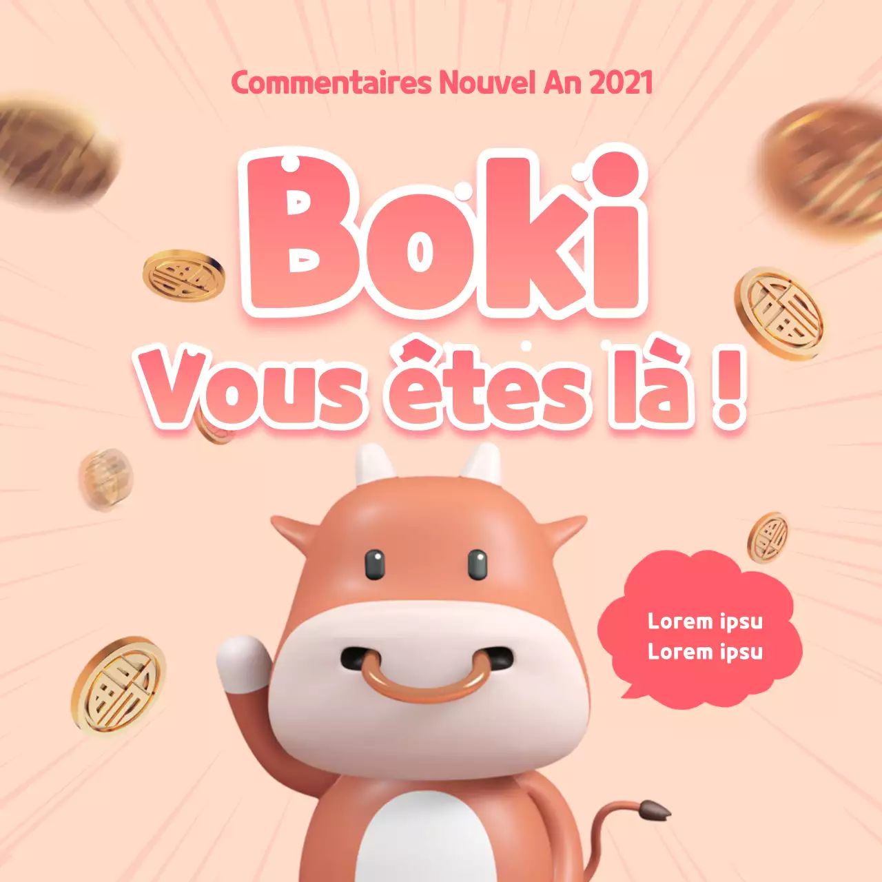 Commentaire du Nouvel An : un carré de média social avec une vache rose dessus