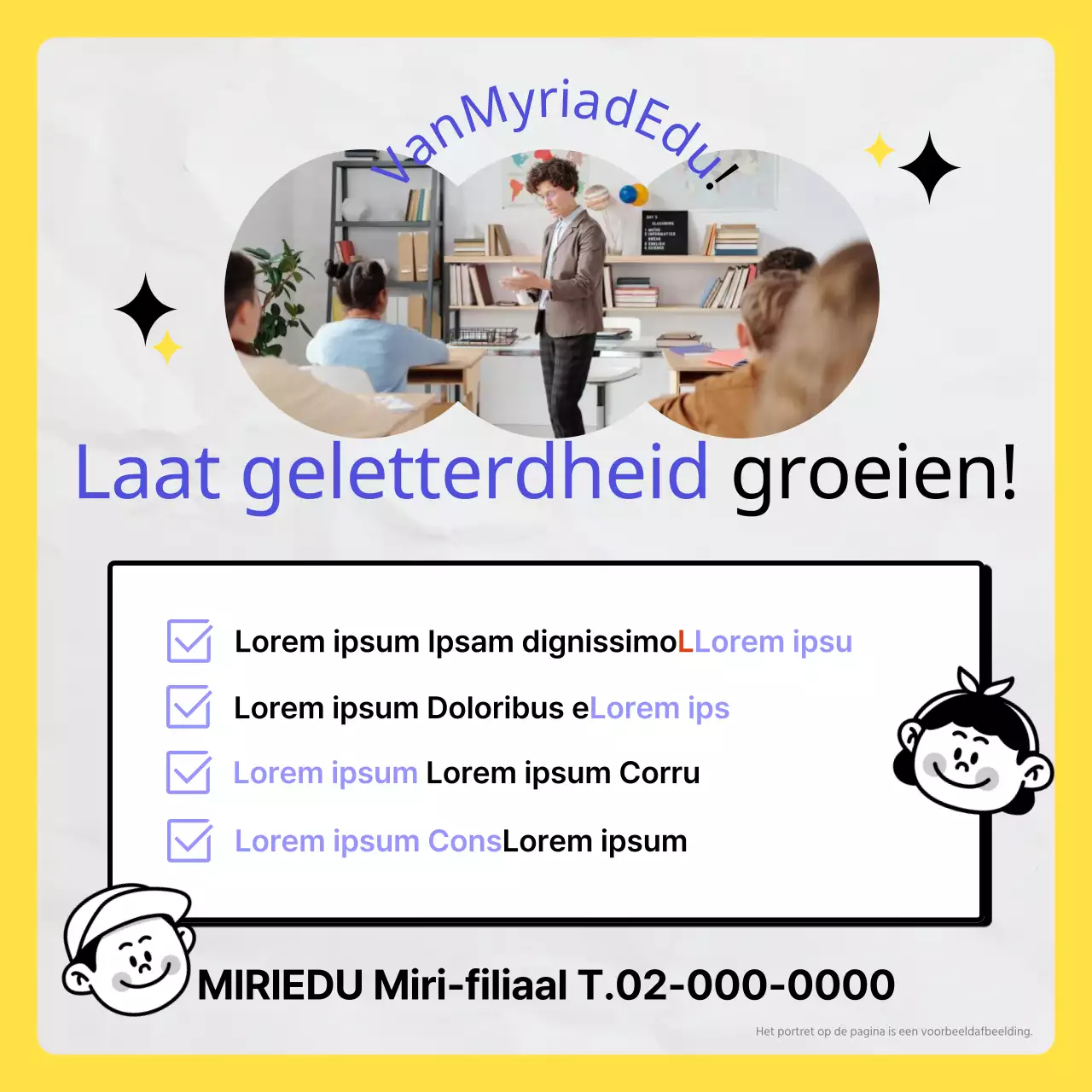 Bevorder alfabetisering met een geel-blauw kitscherig doodle-concept