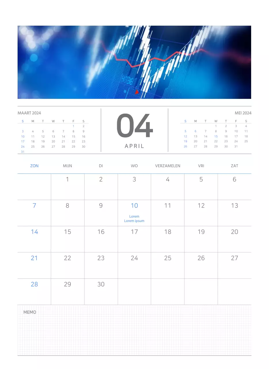 Eenvoudige zakelijke conceptmuurkalender in blauw en wit