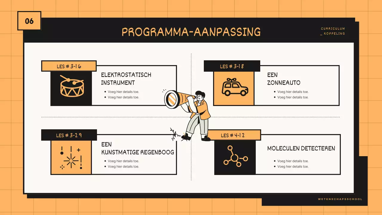 Programmavoorstel voor de wetenschapsklas met oranje en zwarte toonlijnen
