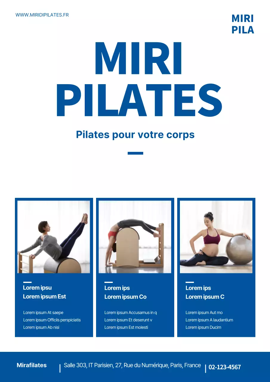 Promouvoir une école de Pilates propre avec la photo d'une femme faisant du Pilates en bleu.