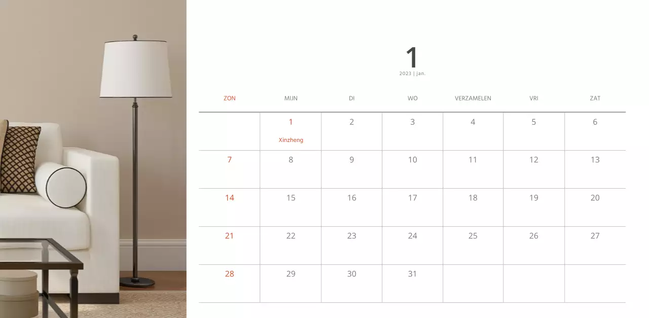 Witte strakke stijl interieur kalender