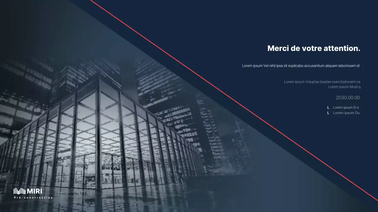 Le briefing d'une entreprise de construction pour un investissement avec un schéma de couleurs nettes de marine et de rouge.