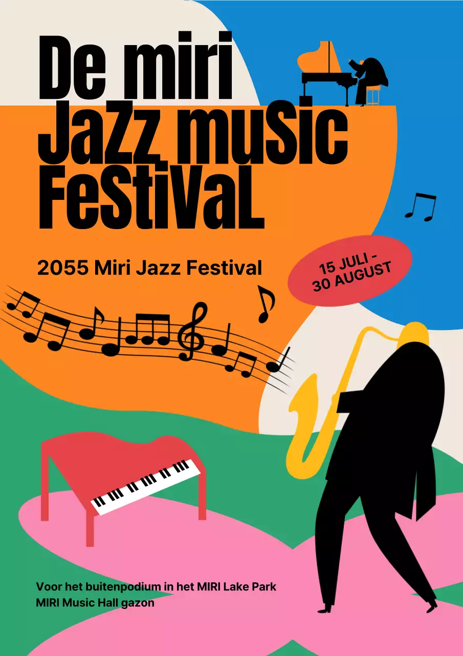 Kitscherig, jazzy promotiemateriaal in oranje, groen en roze