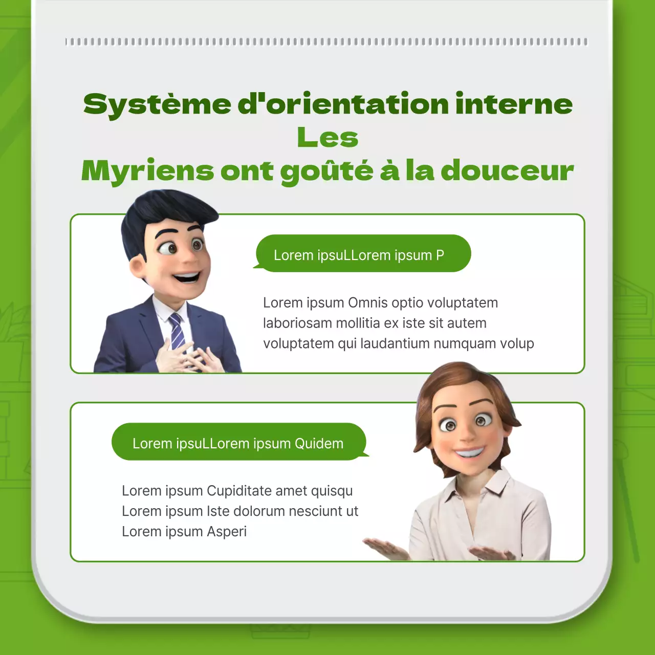 Illustration verte simple et carte d'employé en 3D pour présenter le système d'orientation interne.