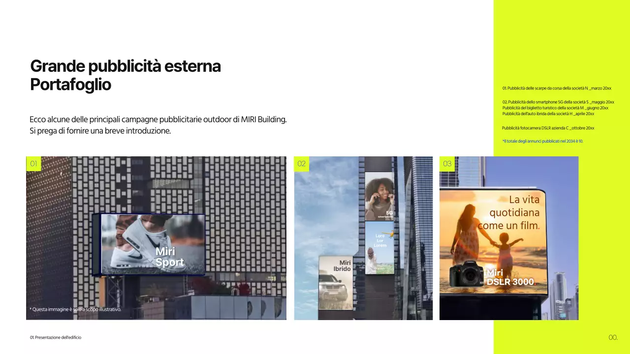 Proposta di cartellone pubblicitario per edifici di colore blu e lime