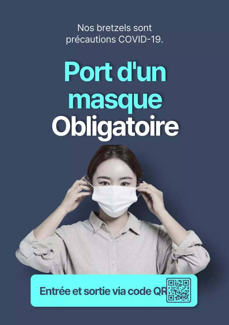 Une affiche épurée avec un modèle féminin portant un masque sur un fond bleu marine.