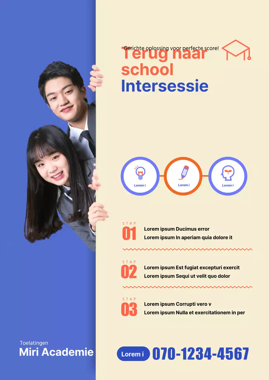 Promotiemateriaal voor het nieuwe schooljaar op een gespecialiseerde school voor middelbare scholieren met blauwe en oranje foto's van studenten.