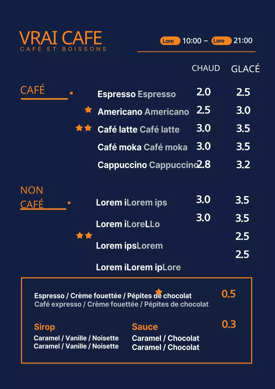 Tableau de menu de café bleu marine