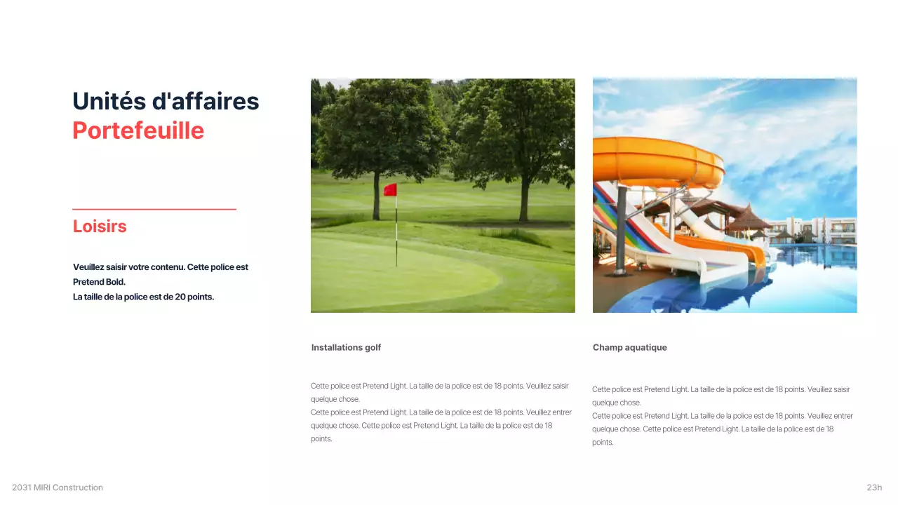 Le briefing d'une entreprise de construction pour un investissement avec un schéma de couleurs nettes de marine et de rouge.