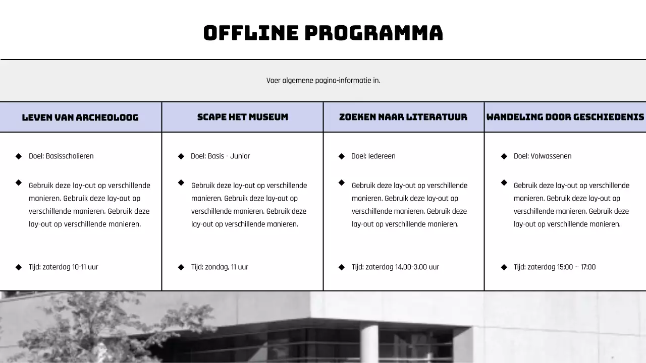 Een modern museumprogramma plannen in zwart en paars