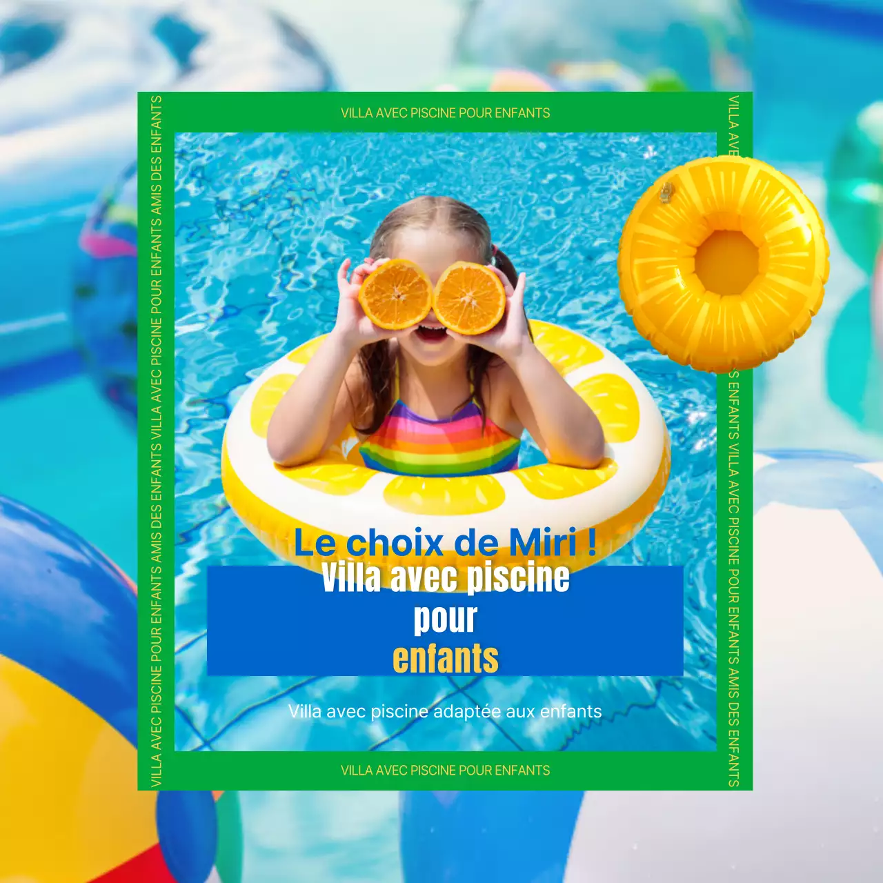 Promouvoir la Kids Pool Villa avec des lunettes de piscine bleues et jaunes