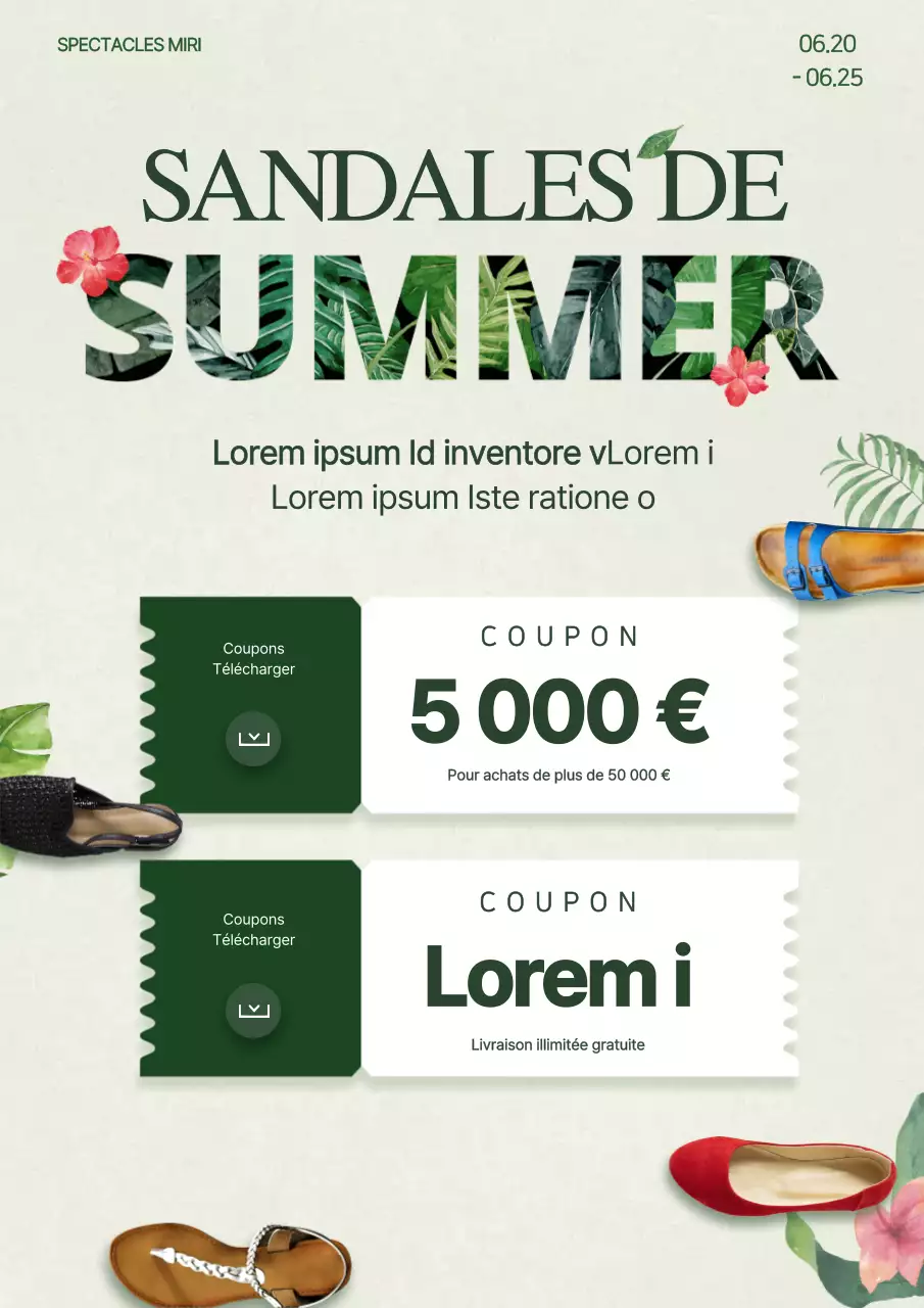Prospectus d'événement promouvant un coupon de réduction pour des chaussures d'été dans les tons verts