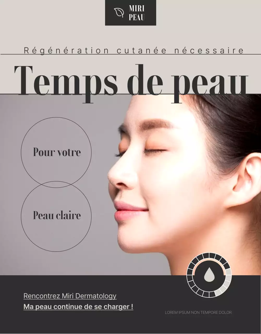 Publicité promouvant les procédures cosmétiques dermatologiques en brun et noir.