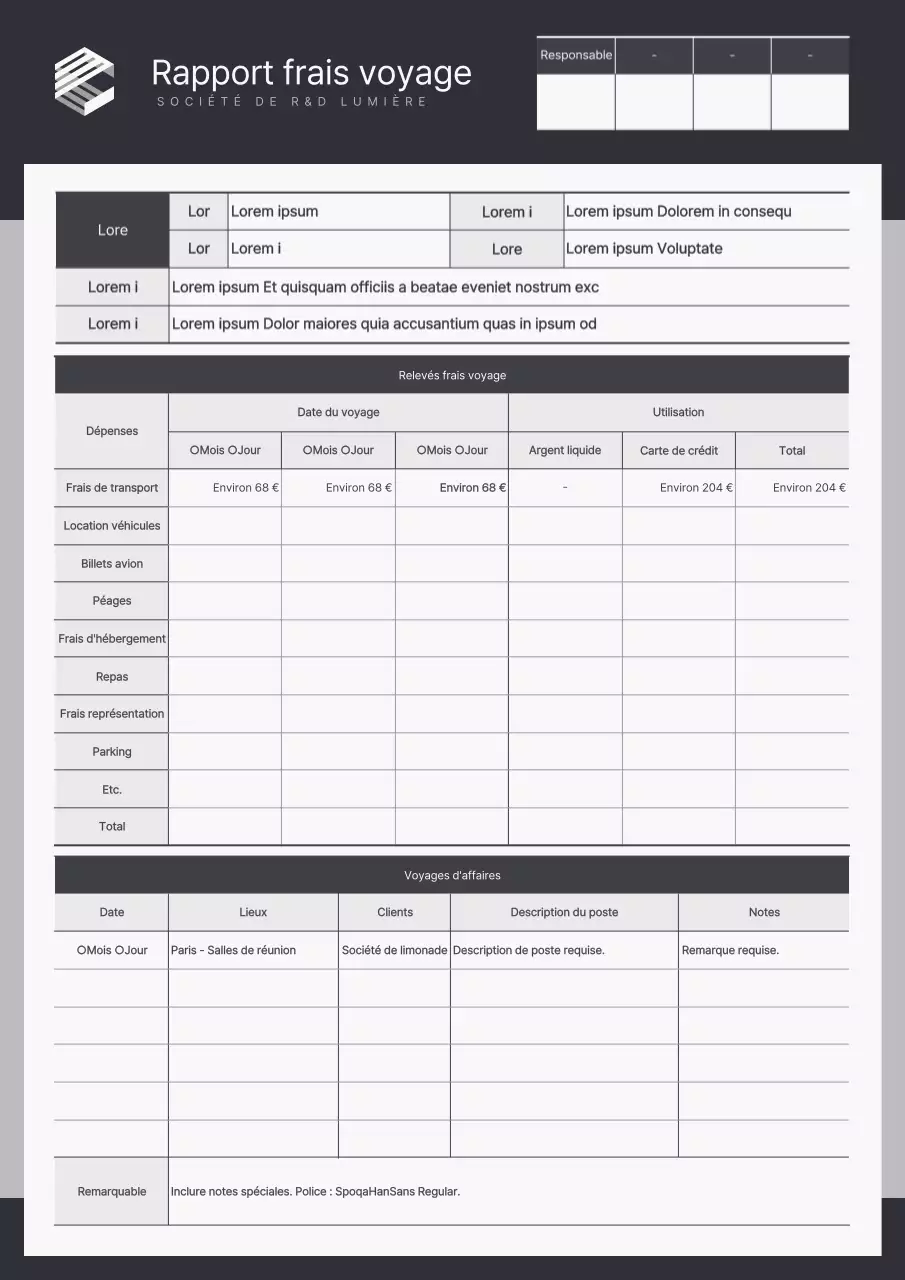 Rapports de frais de voyage simples en noir et gris