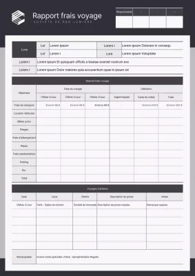 Rapports de frais de voyage simples en noir et gris