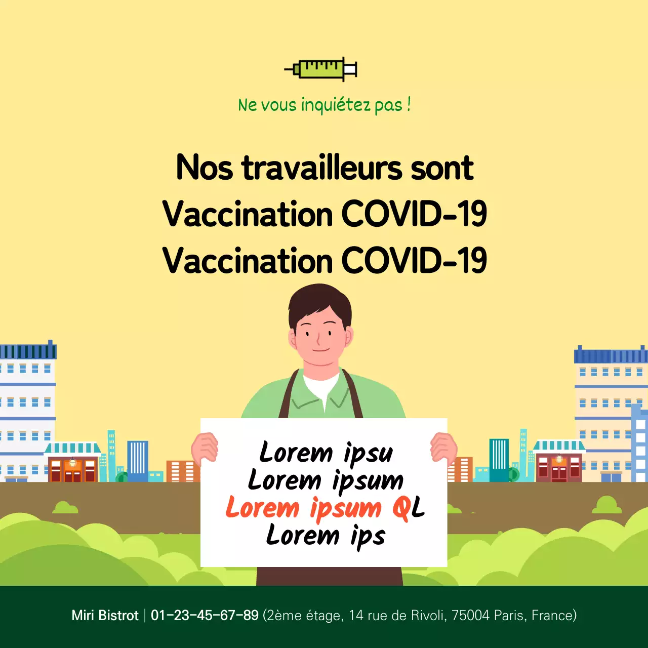Affiche carrée sur la vaccination contre le coronavirus avec illustration jaune