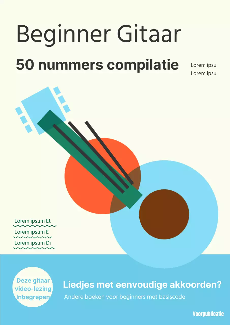 Minimalistische boekomslag voor gitaarbladmuziek in oranje en lichtblauw