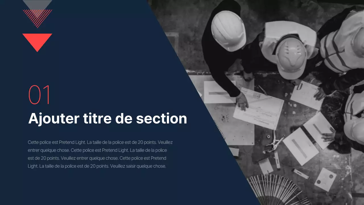 Le briefing d'une entreprise de construction pour un investissement avec un schéma de couleurs nettes de marine et de rouge.