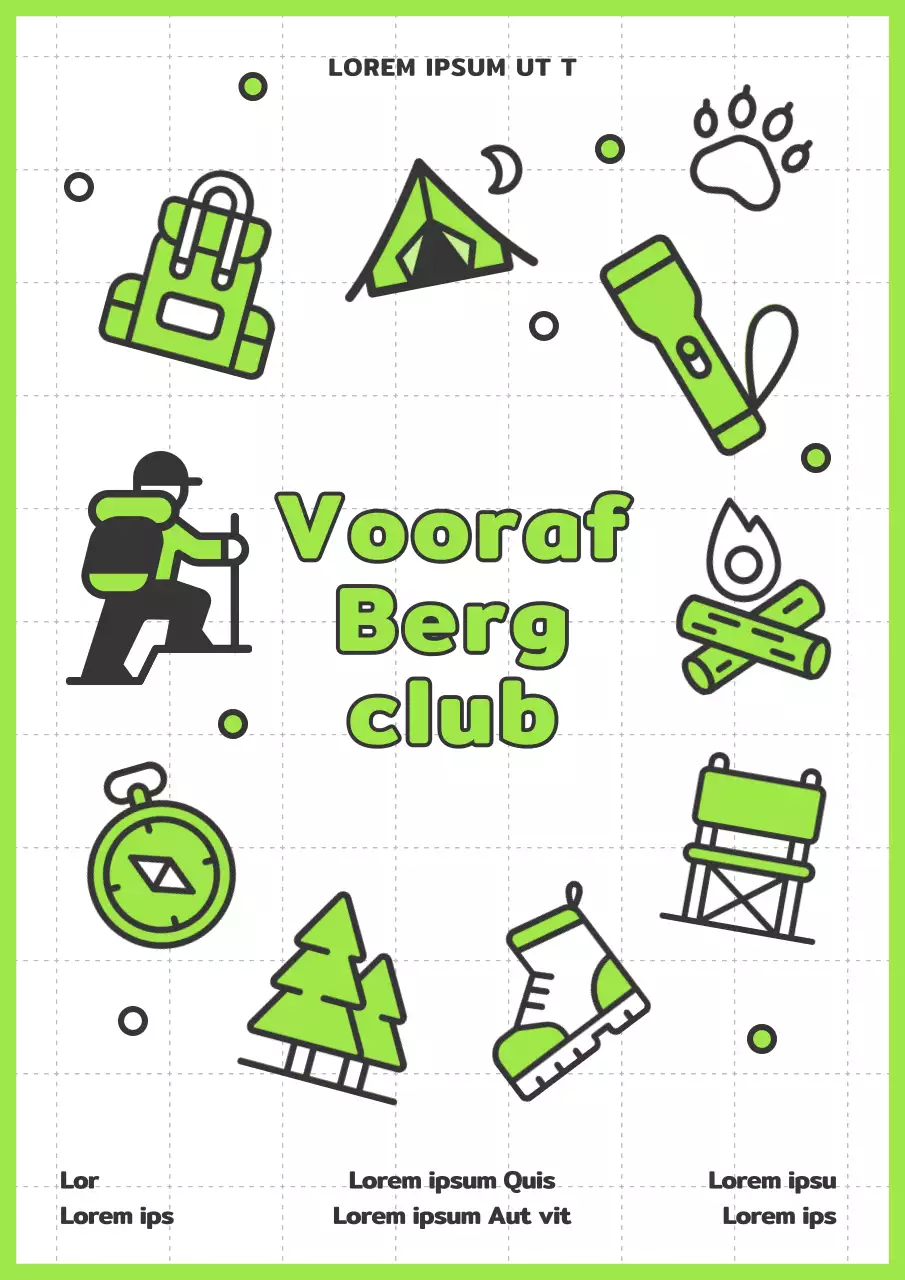 Minimalistische aankondiging van bergclub in chartreuse en wit