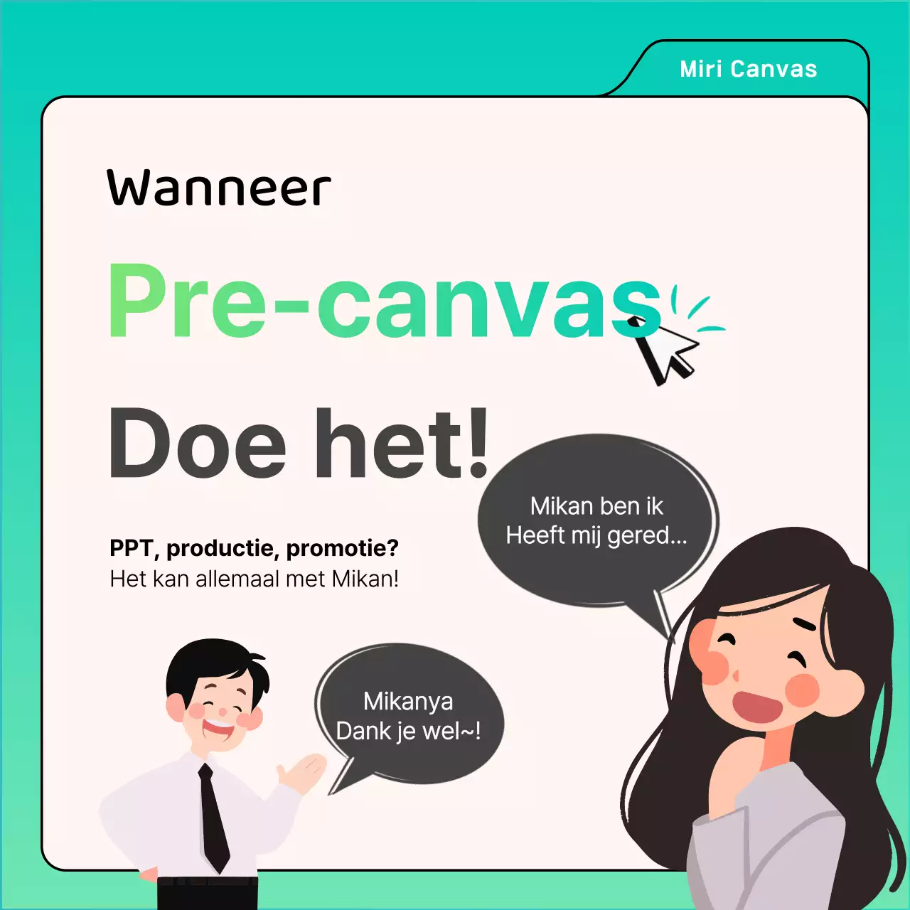 Promoot pre-canvas in webtoonstijl met een mintkleurige achtergrond en illustraties