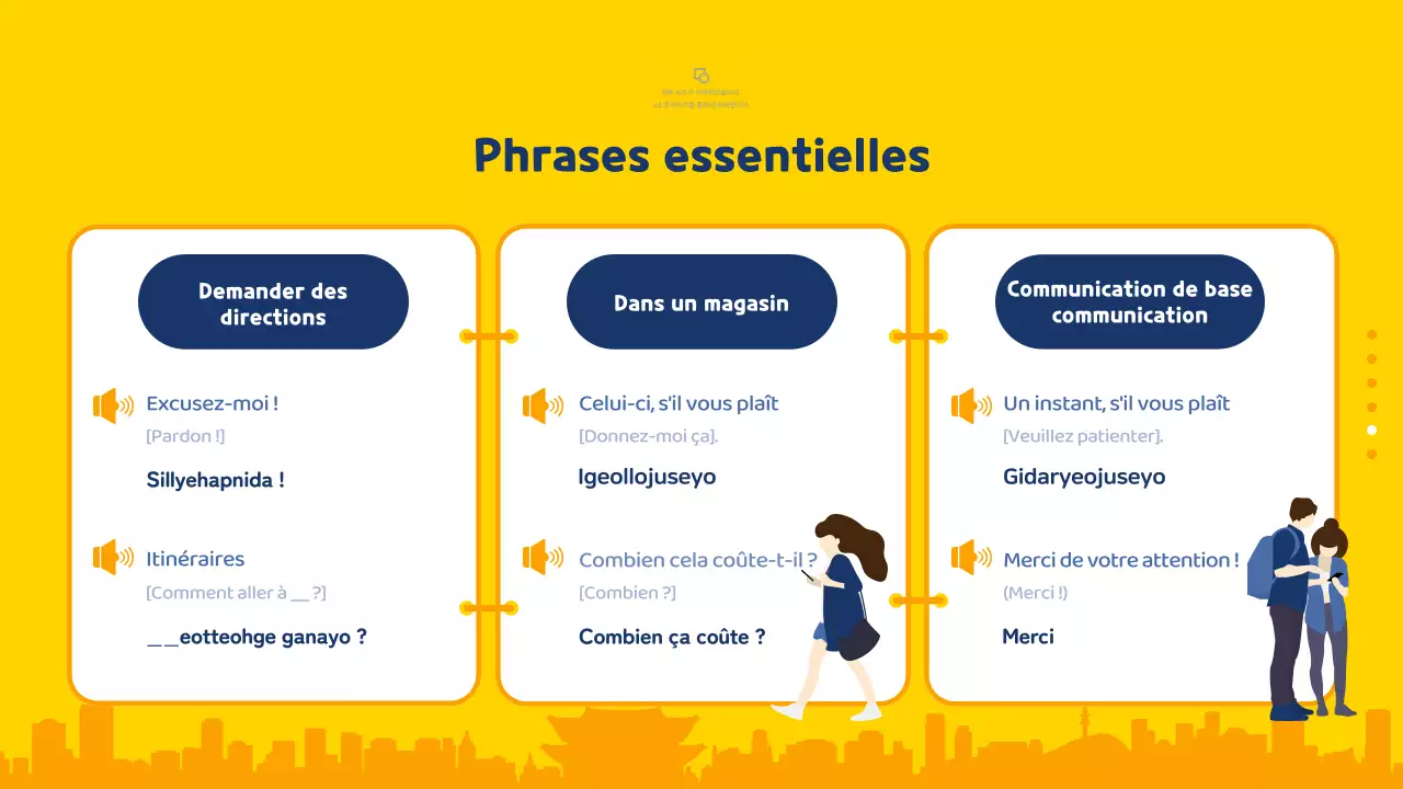 Guide de voyage illustré jaune et bleu pour la Corée du Sud