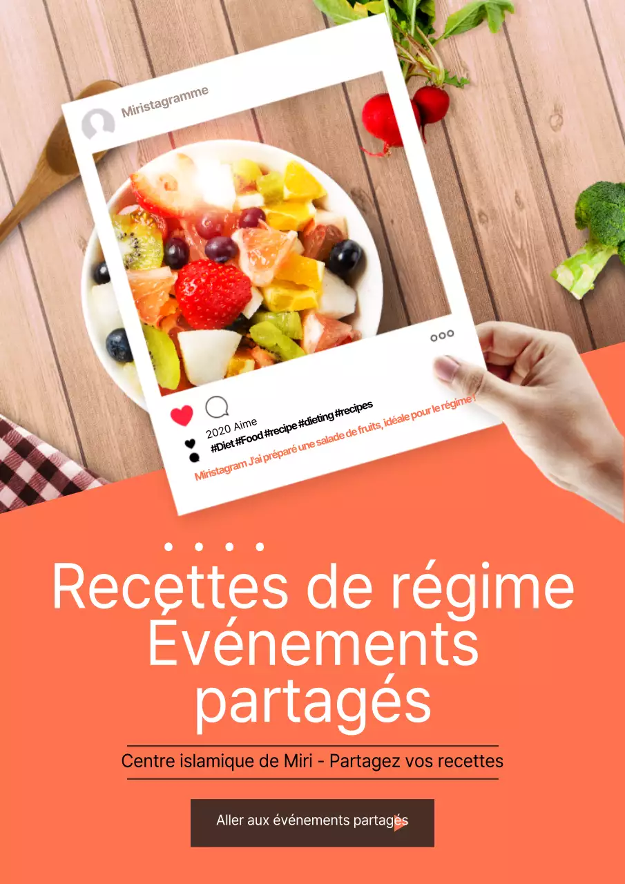 Promouvoir un événement de partage de recettes diététiques avec une salade de fruits à l'orange et une photo encadrée sur les médias sociaux.