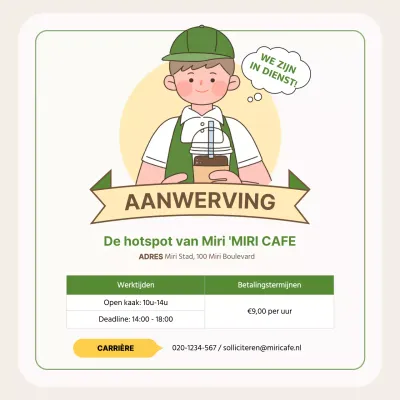 Personeelsadvertentie in café met schattige illustraties in beige en groen V2