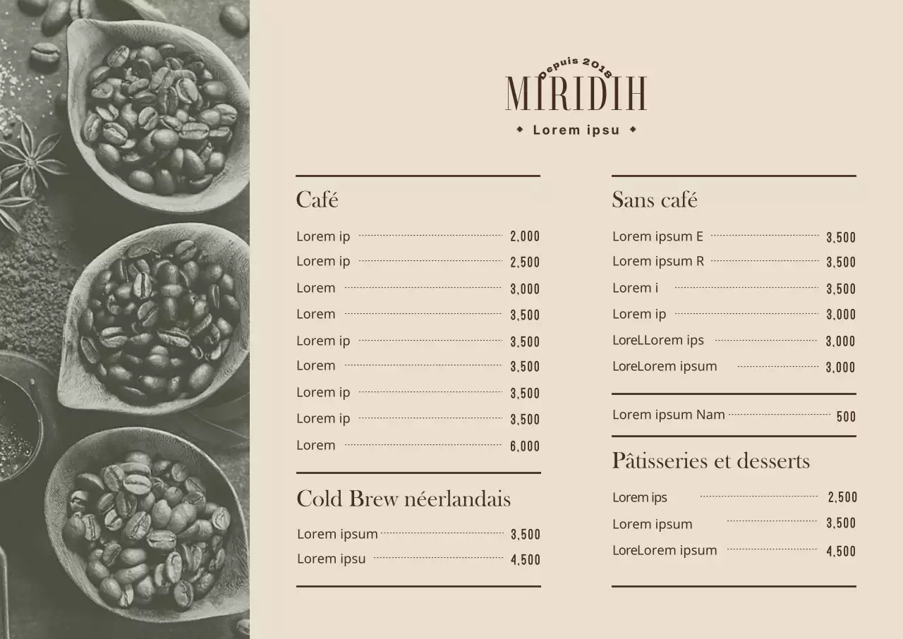 Affiche horizontale du menu d'un café avec des photos dans des tons chauds de beige
