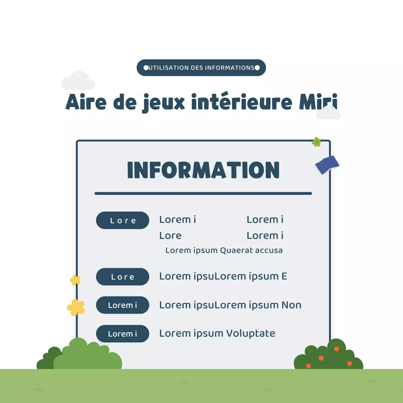 Illustration mignonne en bleu marine et vert Informations sur les aires de jeux intérieures