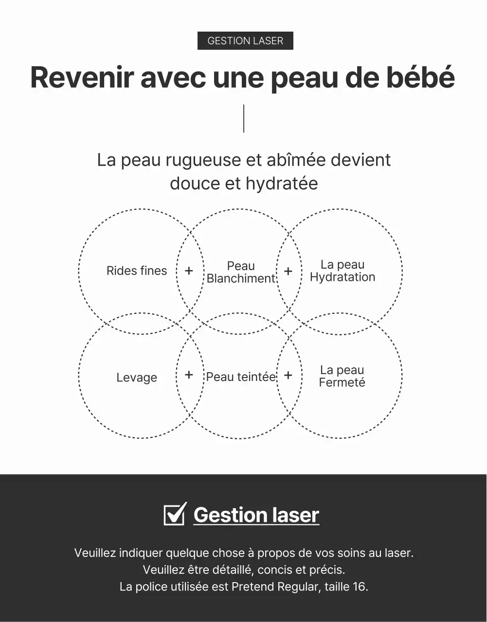 Publicité promouvant les procédures cosmétiques dermatologiques en brun et noir.