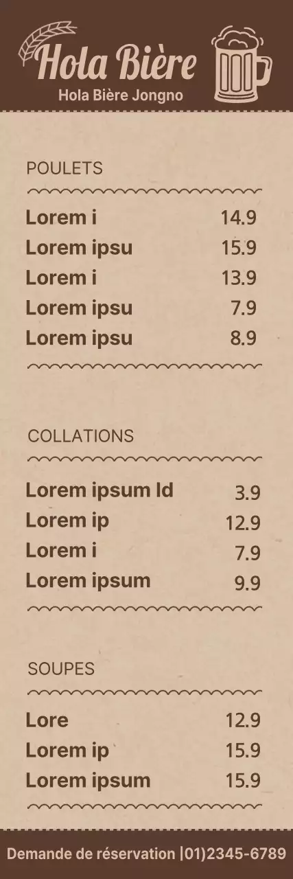 Guide des menus pour une brasserie au concept simple dans les couleurs marron et marron clair