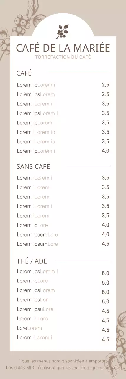 Bannière de menu de café avec illustration botanique en marron
