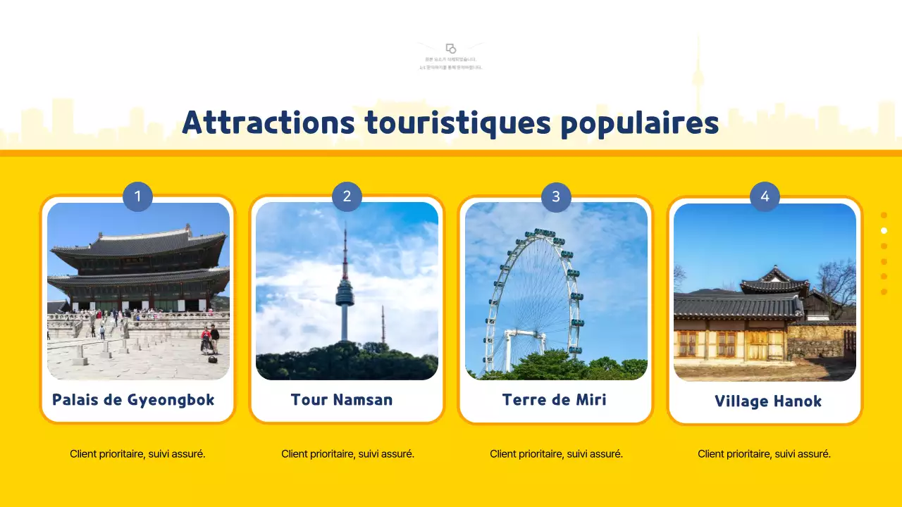 Guide de voyage illustré jaune et bleu pour la Corée du Sud