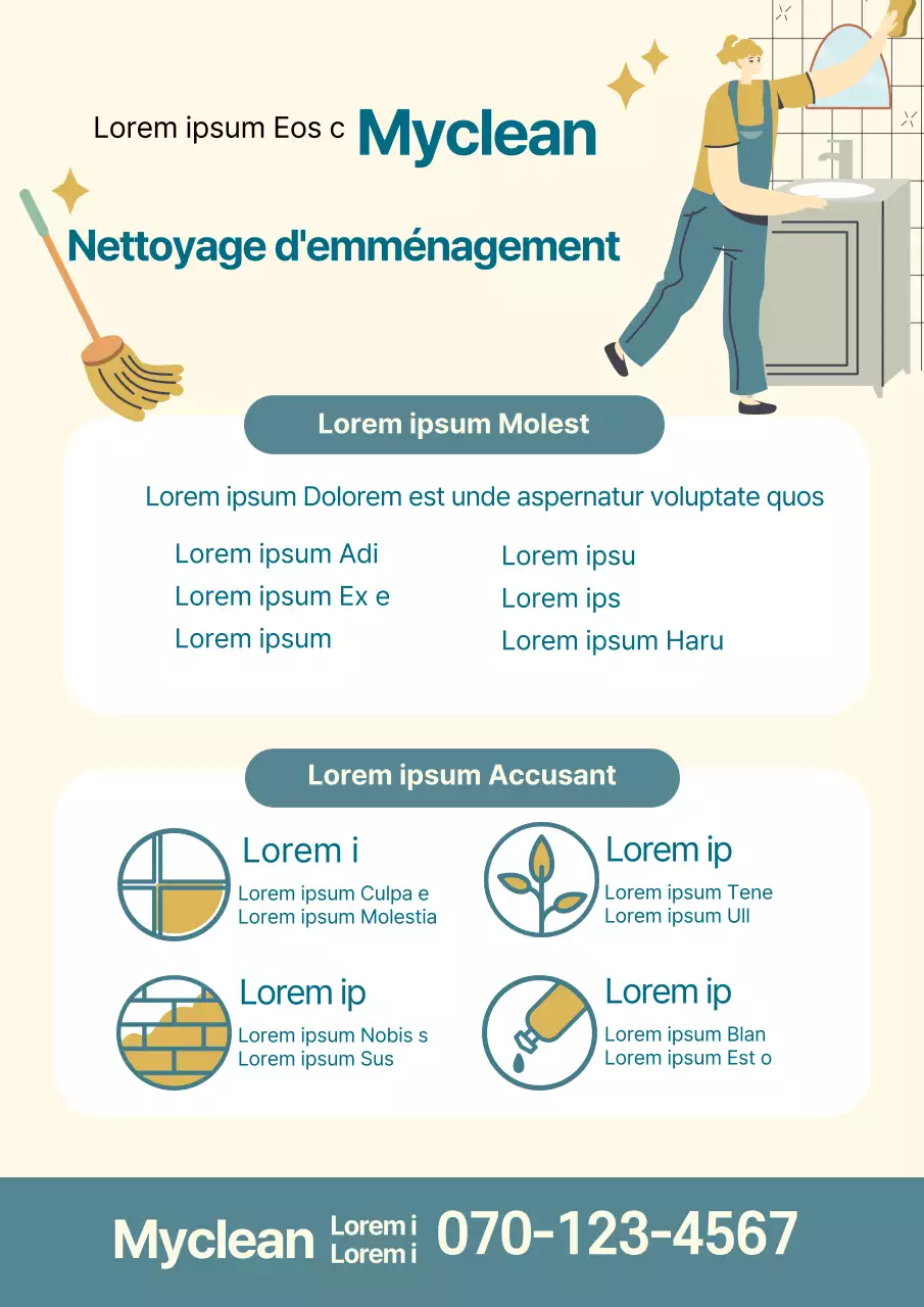 Illustration bleue et jaune promouvant un service de nettoyage d'emménagement bien rangé