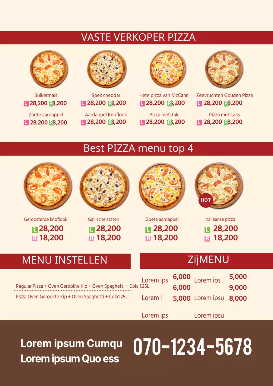 Pizza menutabel met bruine en rode menuplaatjes
