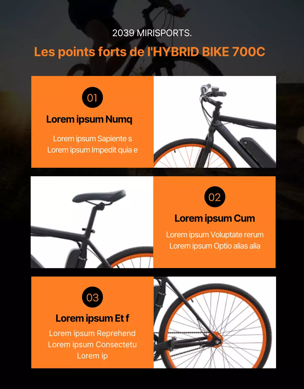 Promouvoir le vélo hybride Mirisport, lumineux, audacieux et actif, en orange et noir.