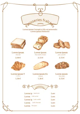 Menu de boulangerie vintage avec illustrations brunes