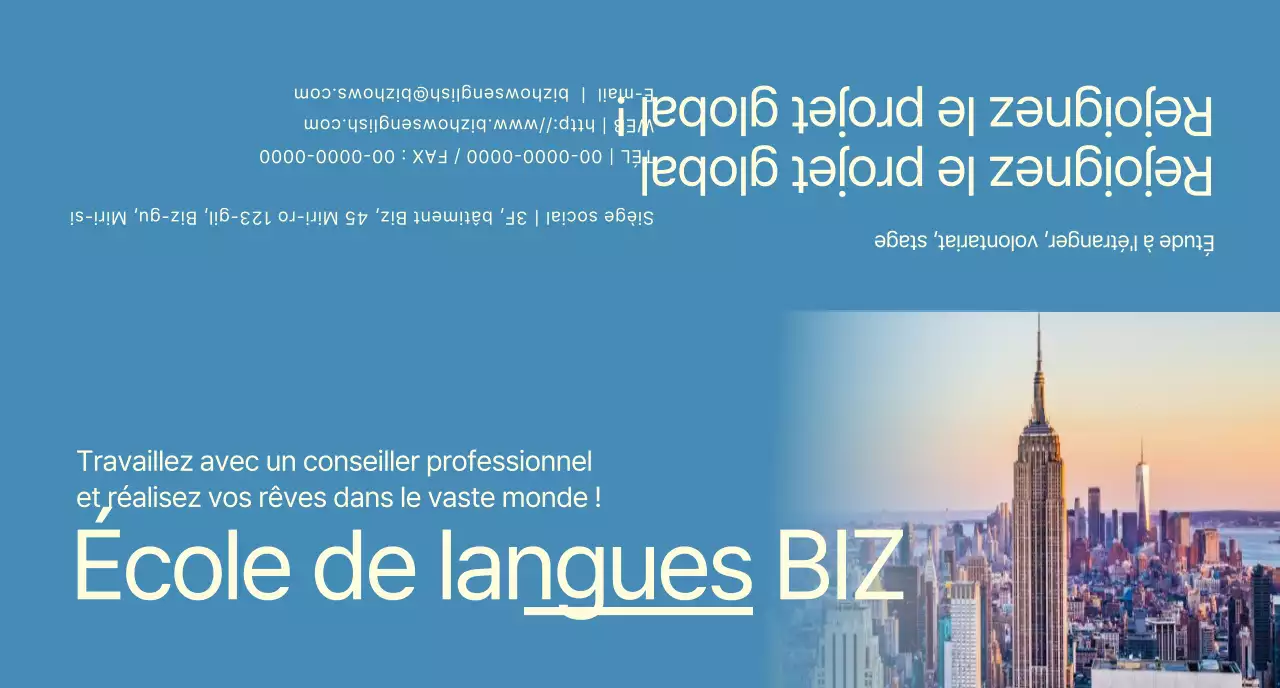 Promotion d'une école de langues avec des photos bleues et jaunes de paysages étrangers