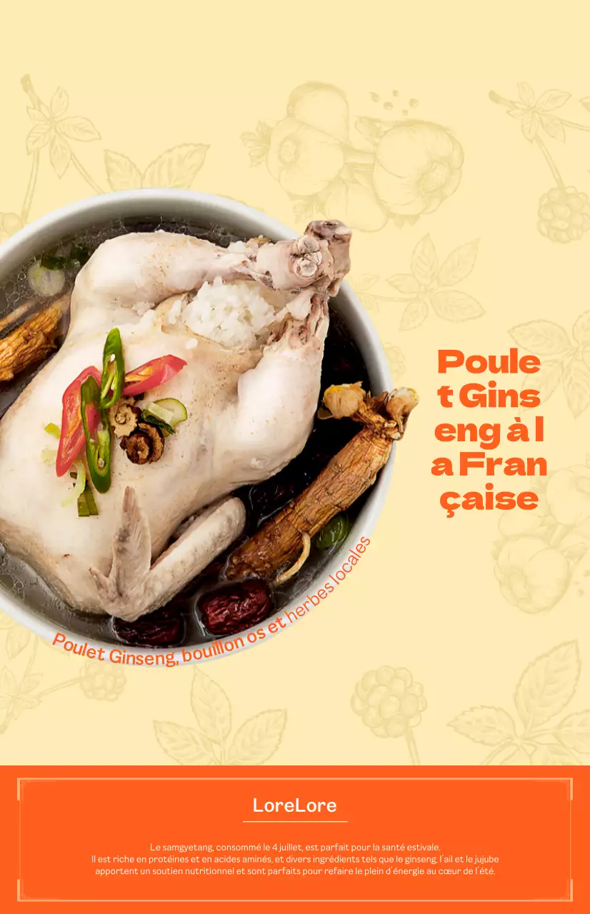 Boyang Samgyetang avec un fond orange vif et des illustrations coréennes