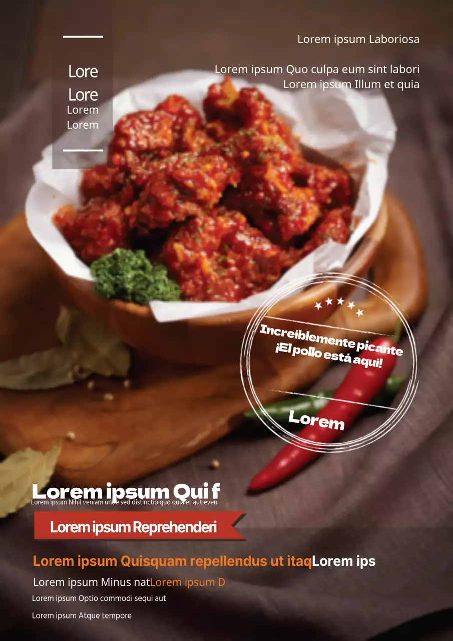 Folleto promocional para un restaurante de pollos con un diseño sencillo y centrado en la fotografía