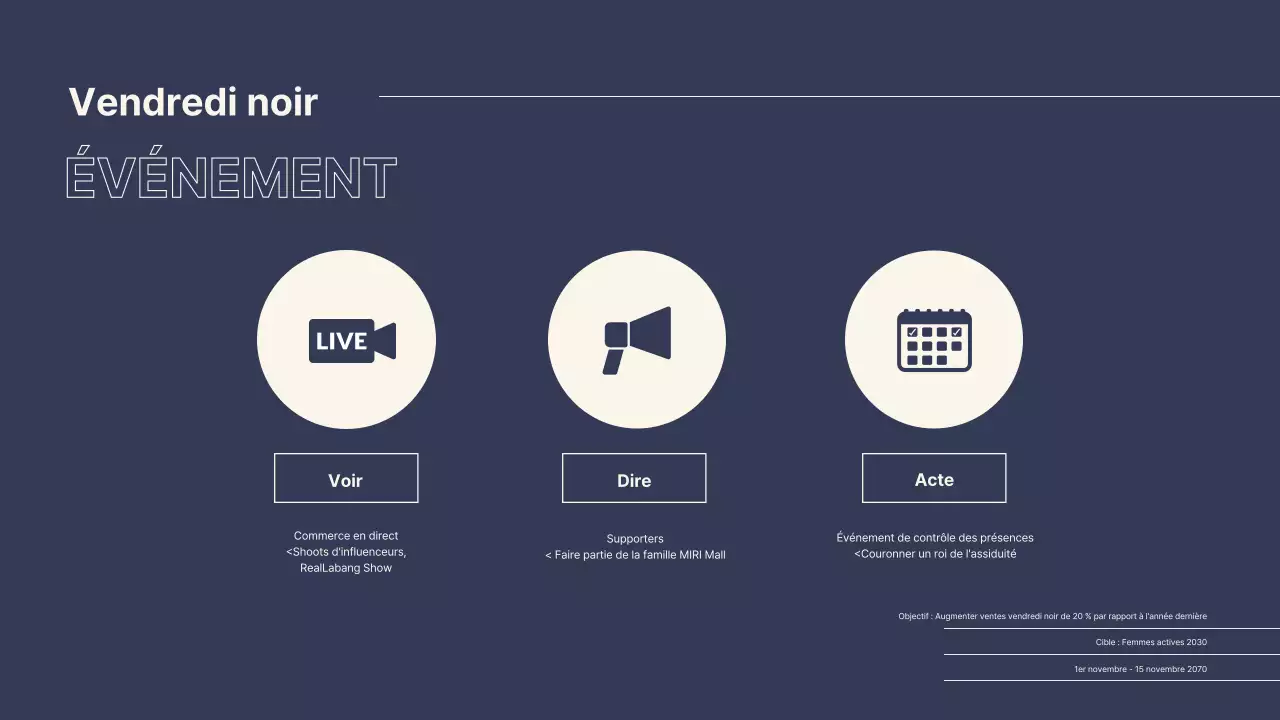 Planificateur d'événements pour le vendredi noir dans un centre commercial moderne en bleu marine et beige