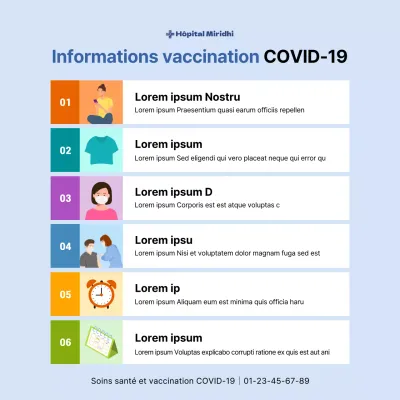 Affiche carrée sur la vaccination contre le coronavirus avec des tableaux et des illustrations en couleur