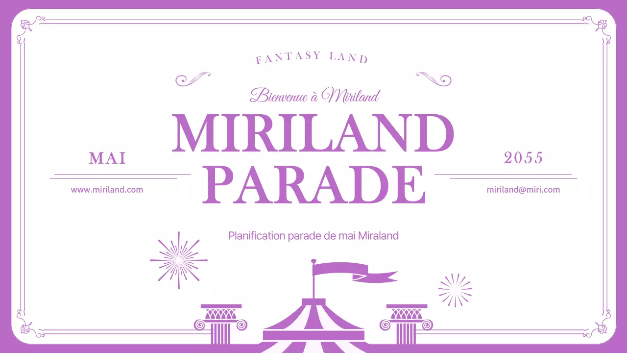 Plan de défilé dans un parc d'attractions, de couleur violette et au cadre épuré