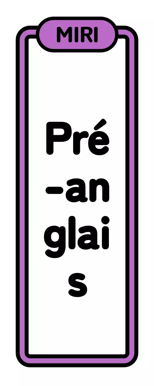 Un simple panneau d'école avec un texte pré-anglais en noir, blanc, vert et violet et des illustrations encadrées.
