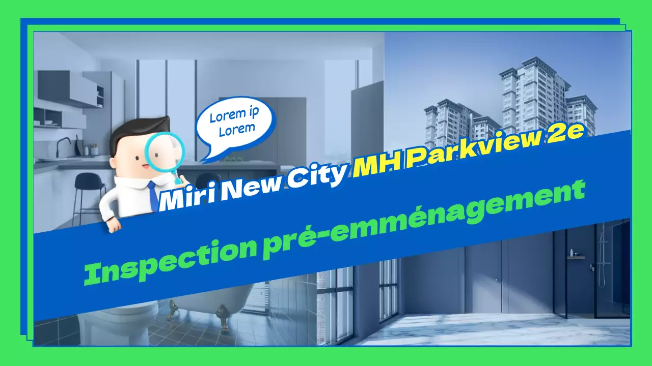 Thème de la pré-inspection des appartements avec des cadres divisés bleu chartreuse et des accents de lettrage