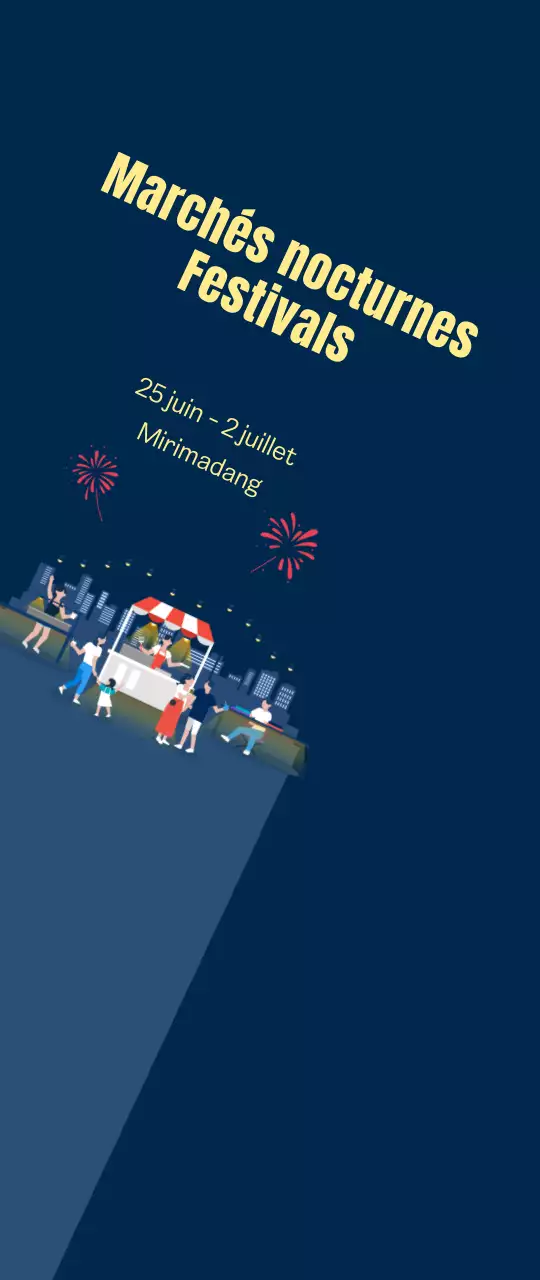 Marché de nuit, festival, promotion, petit feu d'artifice sur fond bleu marine